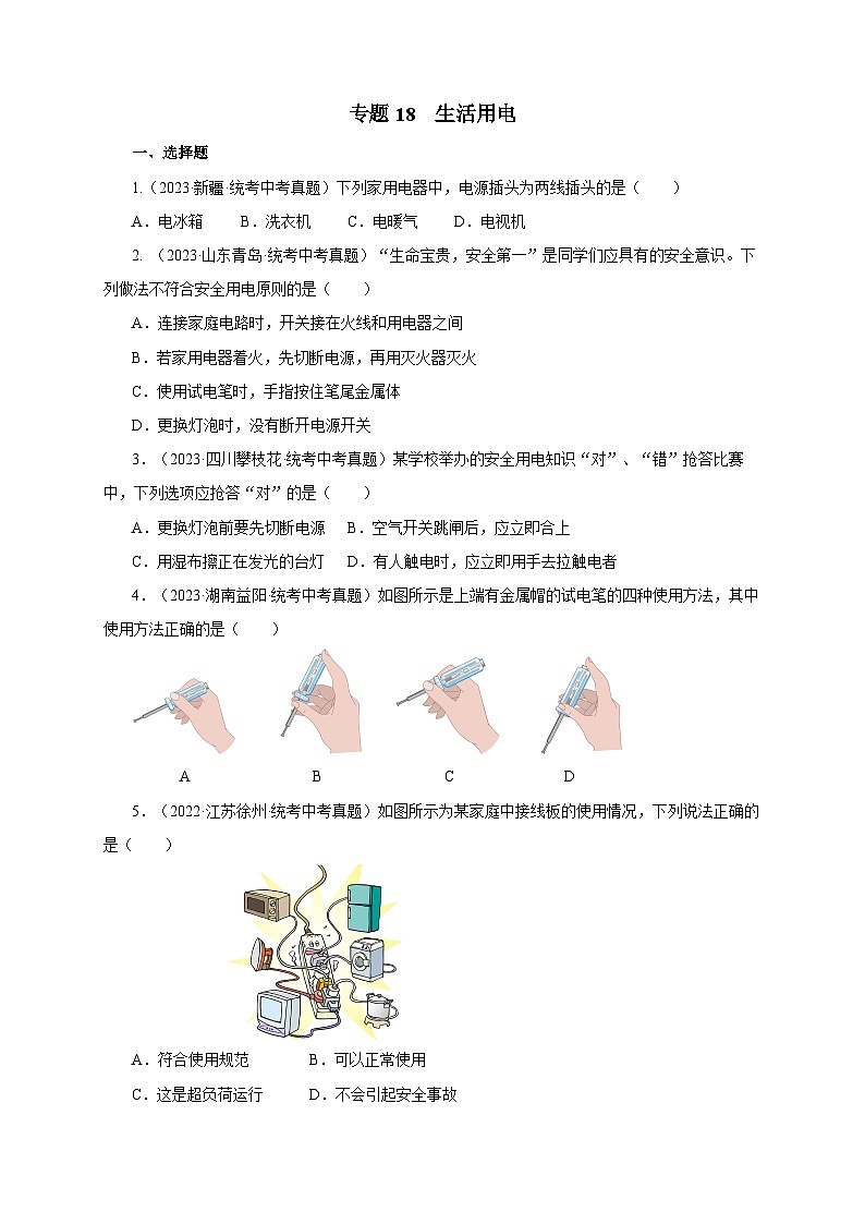 2025年中考物理一轮复习讲与练专题18  生活用电（真题训练）（原卷版）第1页