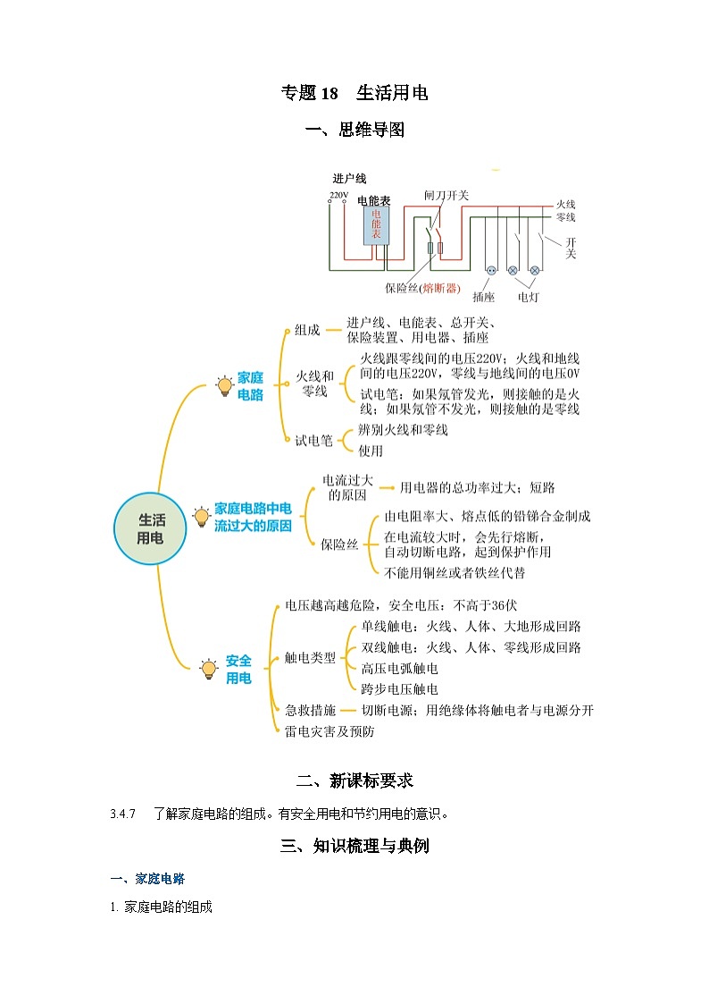 2025年中考物理一轮复习讲与练专题18  生活用电（知识梳理+典例+练习）（教师版）第1页