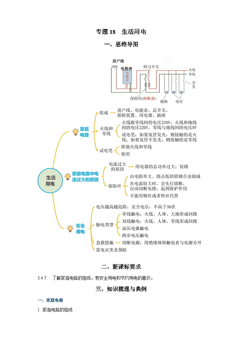 2025年中考物理一轮复习讲与练专题18  生活用电（知识梳理+典例+练习）（原卷版）第1页