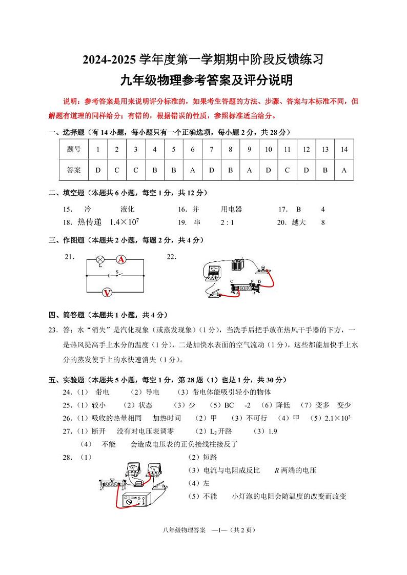 2024-2025学年度第一学期期中阶段反馈练习（九年级物理）参考答案及评分说明第1页