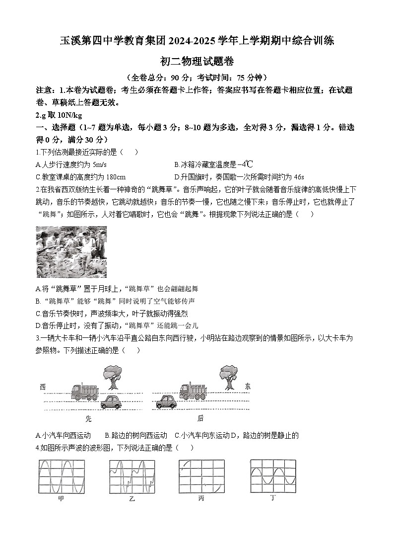 云南省玉溪市玉溪第四、第六中学2024-2025学年八年级上学期11月期中物理试题(无答案)第1页