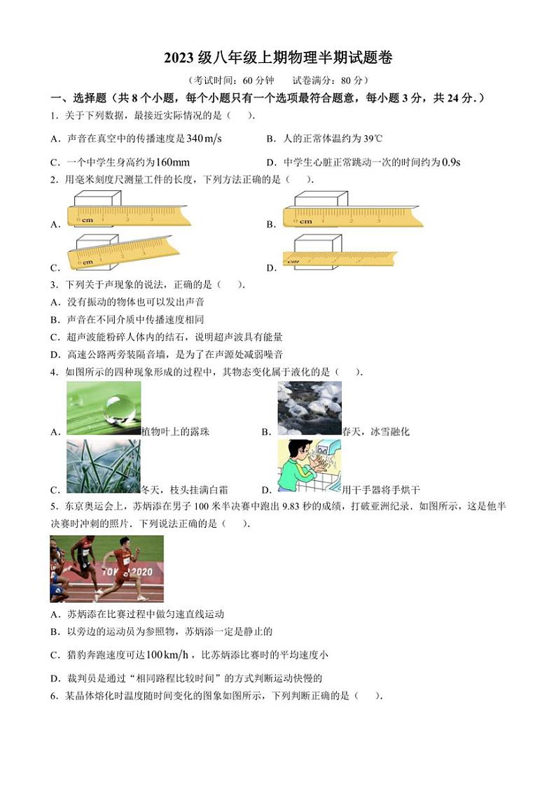 重庆市潼南区初中学校联考2024～2025学年八年级上学期期中考试物理试题（含答案）第1页