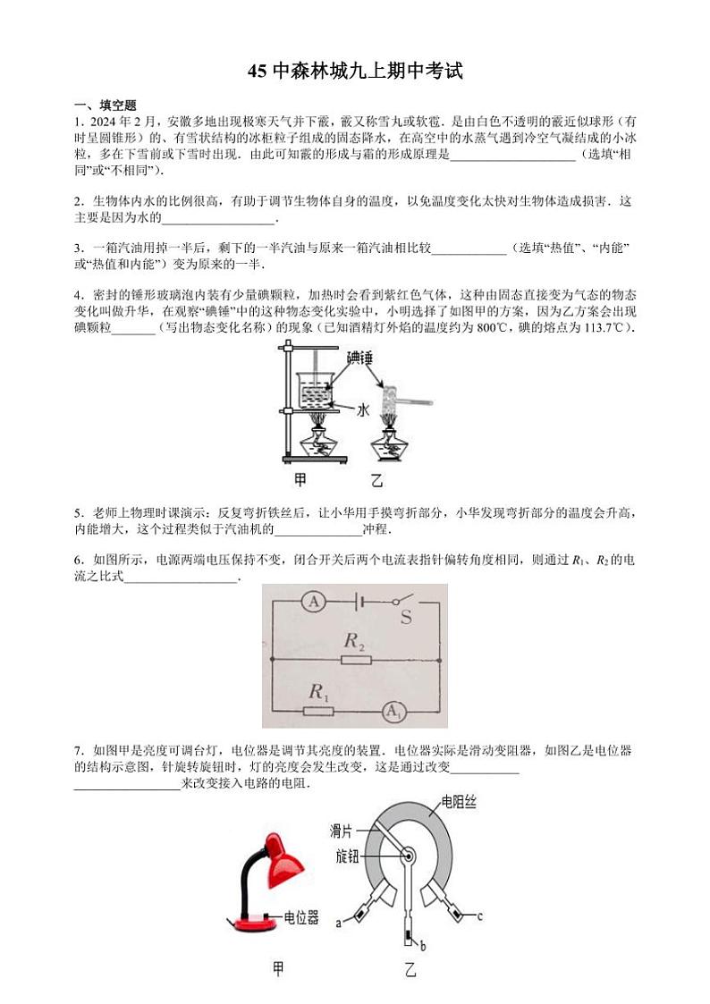 安徽省合肥市第四十五中学森林城分校2024—2025学年度九年级上学期期中物理试卷（含答案）第1页