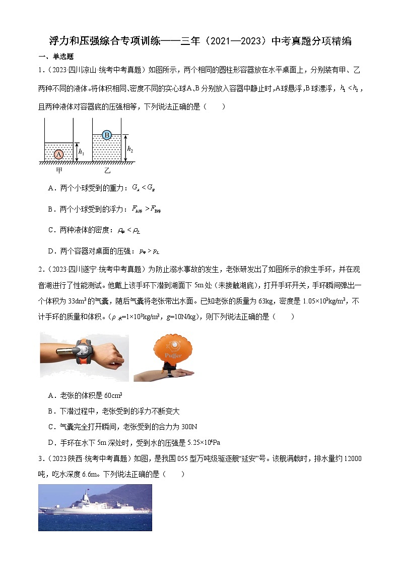 2025年中考物理二轮复习综合专项训练 浮力和压强（学生版）第1页