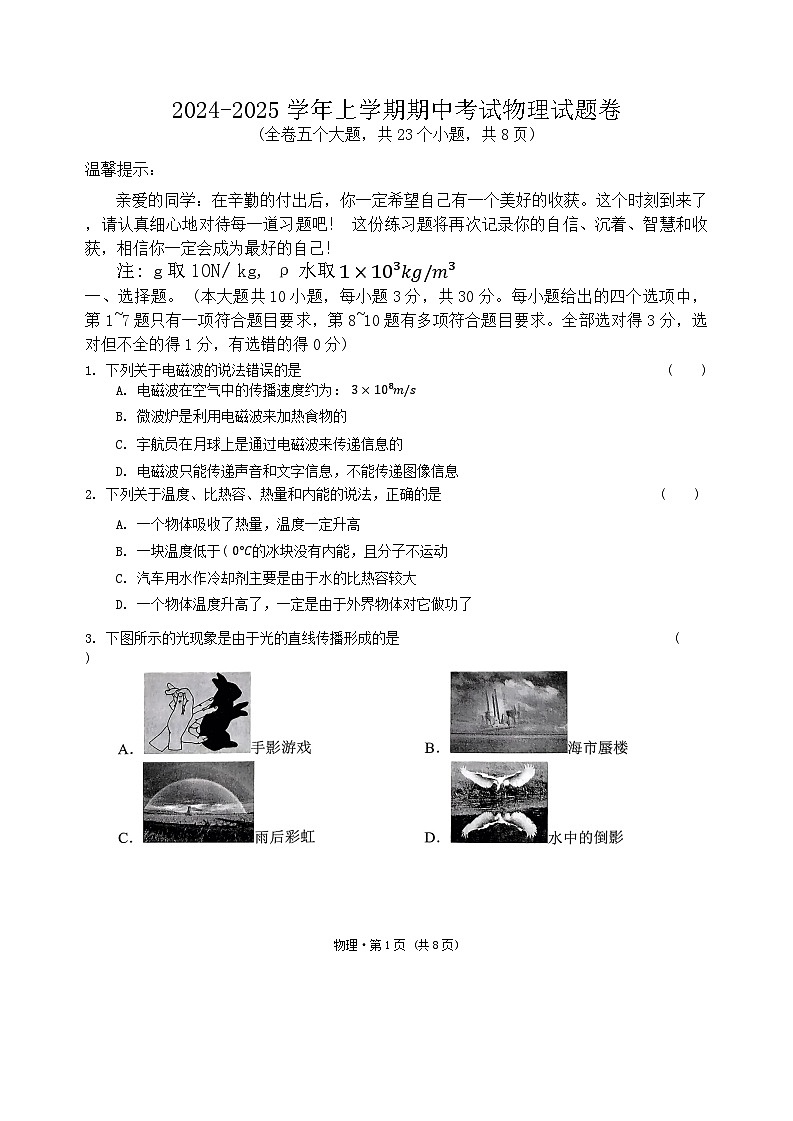 2024-2025学年上学期期中考试物理试题卷第1页