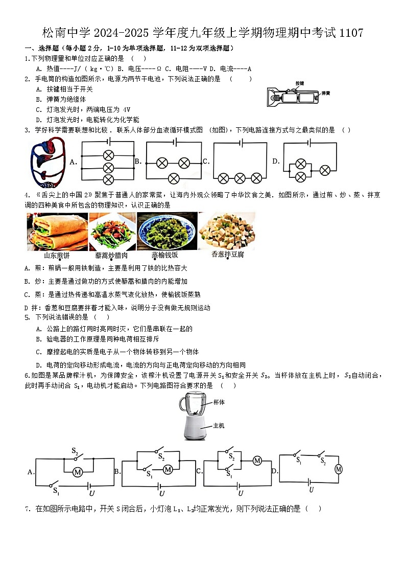 黑龙江省哈尔滨市松南学校2024—2025学年九年级上学期期中考试物理试题第1页