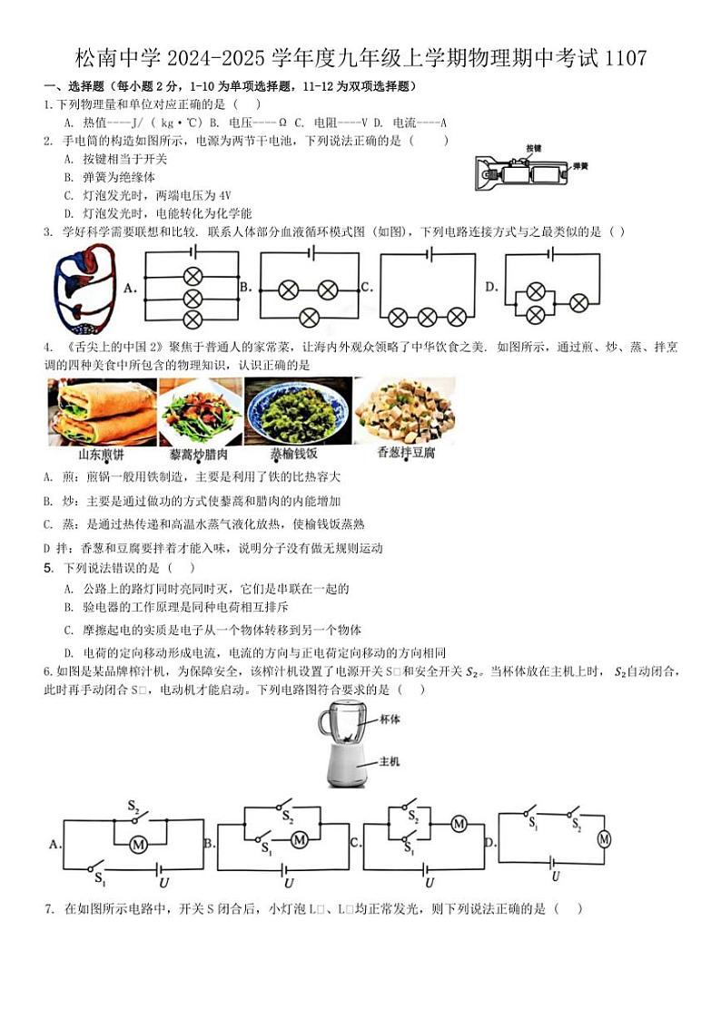 黑龙江省哈尔滨市松南学校2024—2025学年九年级(上)期中物理试卷(含答案)第1页