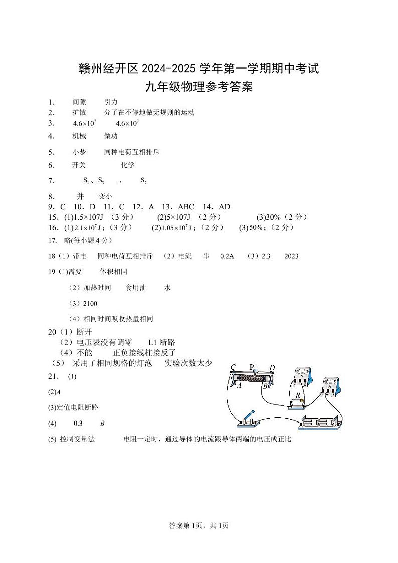赣州经开区2024-2025学年第一学期期中考试九年级物理参考答案(1)第1页