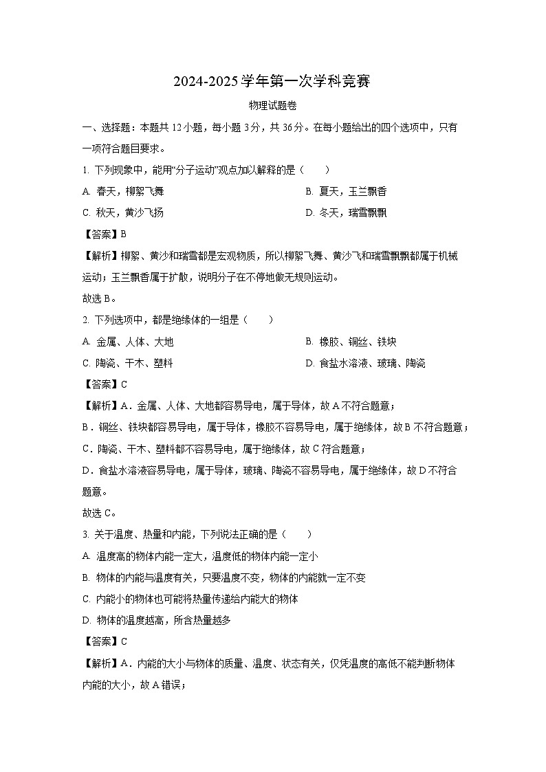 湖南省郴州市苏仙区2024-2025学年九年级上学期期中考试物理试卷(解析版)第1页