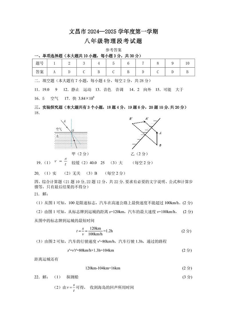 文昌市2024—2025学年度第一学期八年级物理科期中考试参考答案第1页