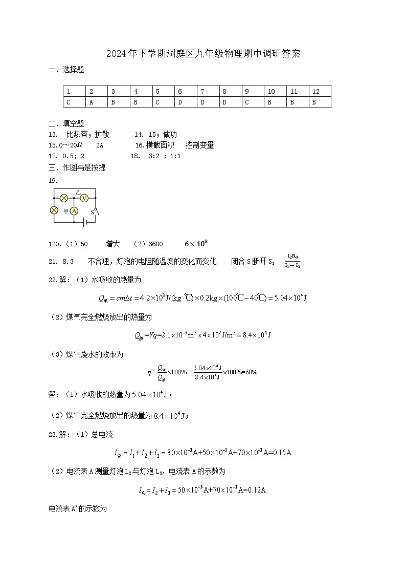 2024年下学期洞庭区九年级物理期中调研答案第1页