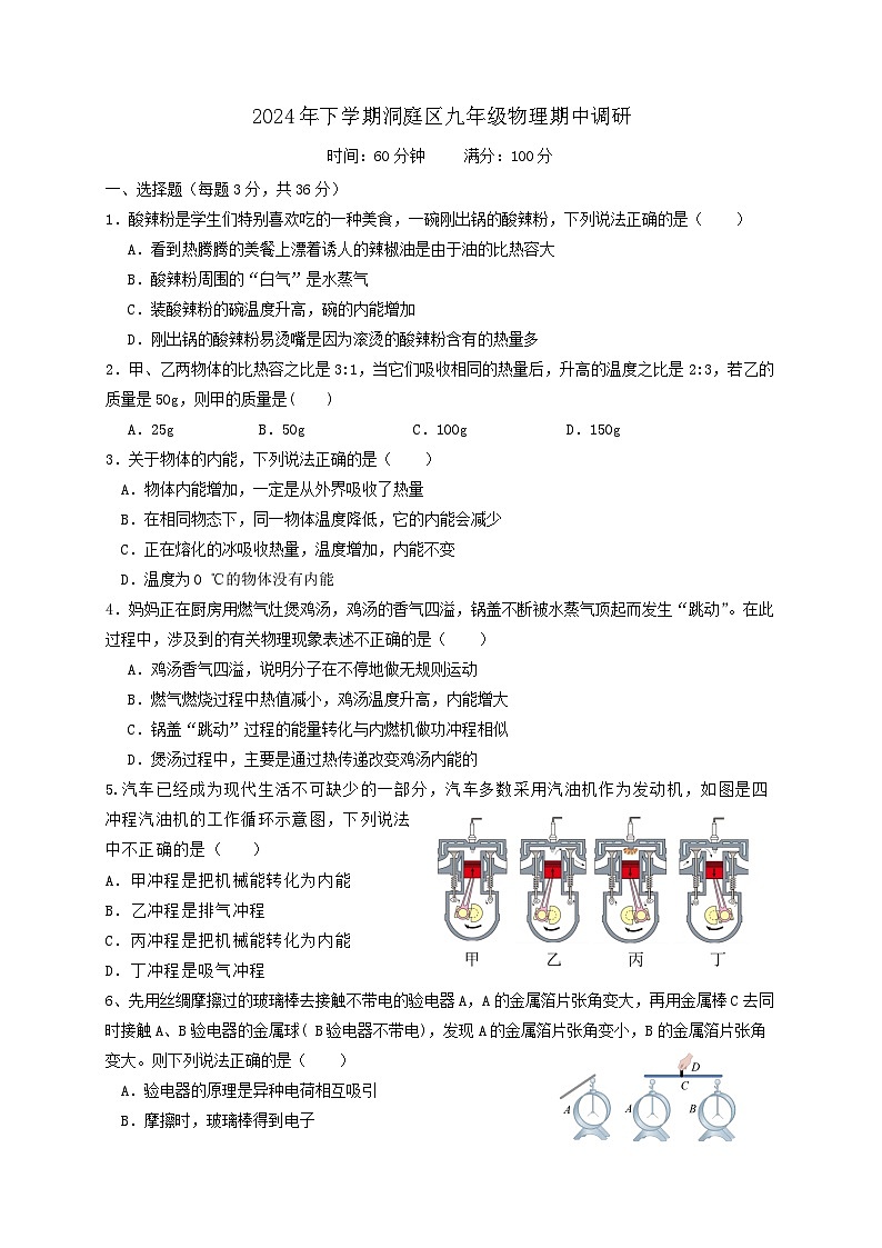 2024年下学期洞庭区九年级物理期中调研卷第1页