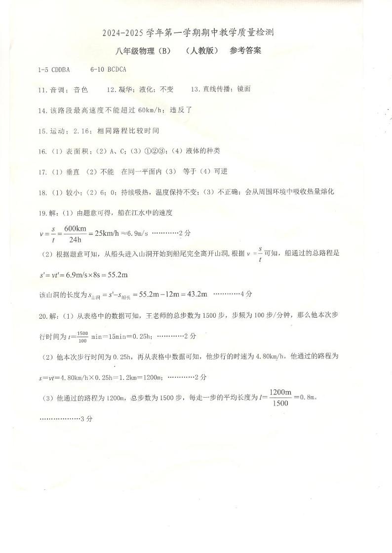 八年级物理参考答案第1页