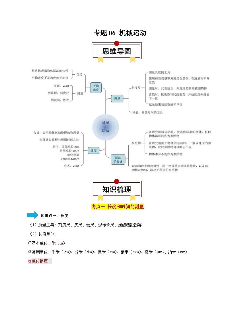专题06 机械运动-【口袋书】2024年中考物理一轮复习知识清单（解析版）第1页