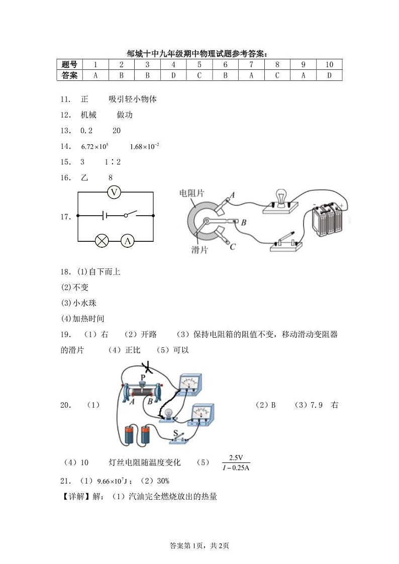 邹城十中九年级期中物理试题参考答案第1页