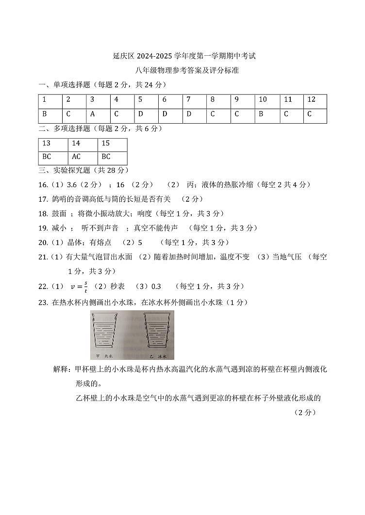 北京市延庆区2024-2025学年八年级上学期期中物理试题01