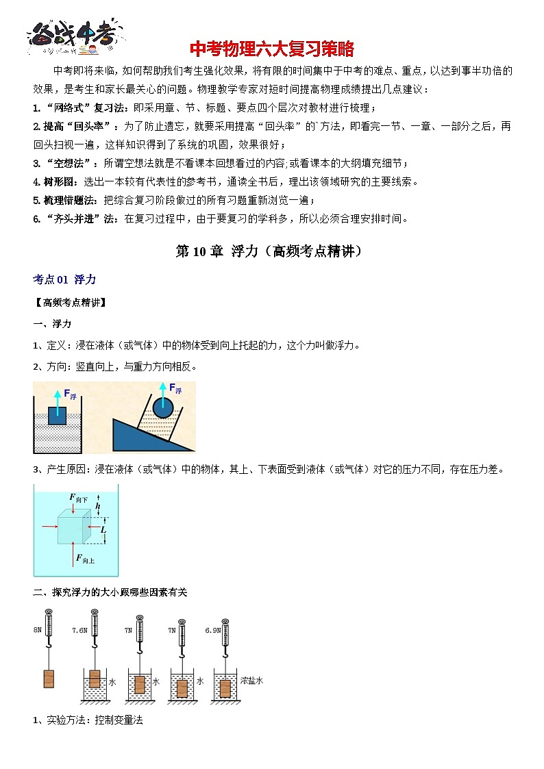 第10章 浮力（高频考点精讲）（原卷版）-2023年中考物理一轮复习高频考点精讲与易错题精选（全国通用）第1页
