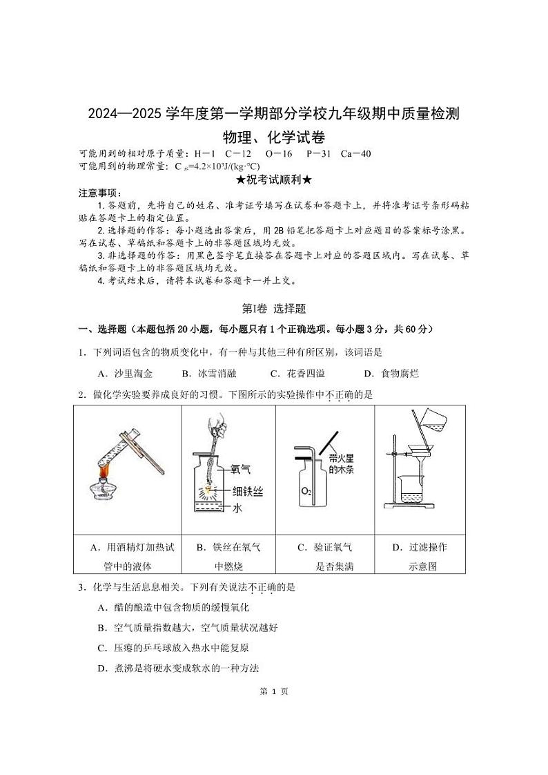 24年11月期中九年级物理化学试题第1页