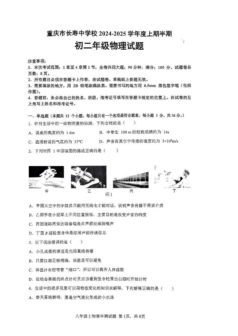 重庆市长寿中学校2024-2025学年八年级上学期11月期中物理试题01