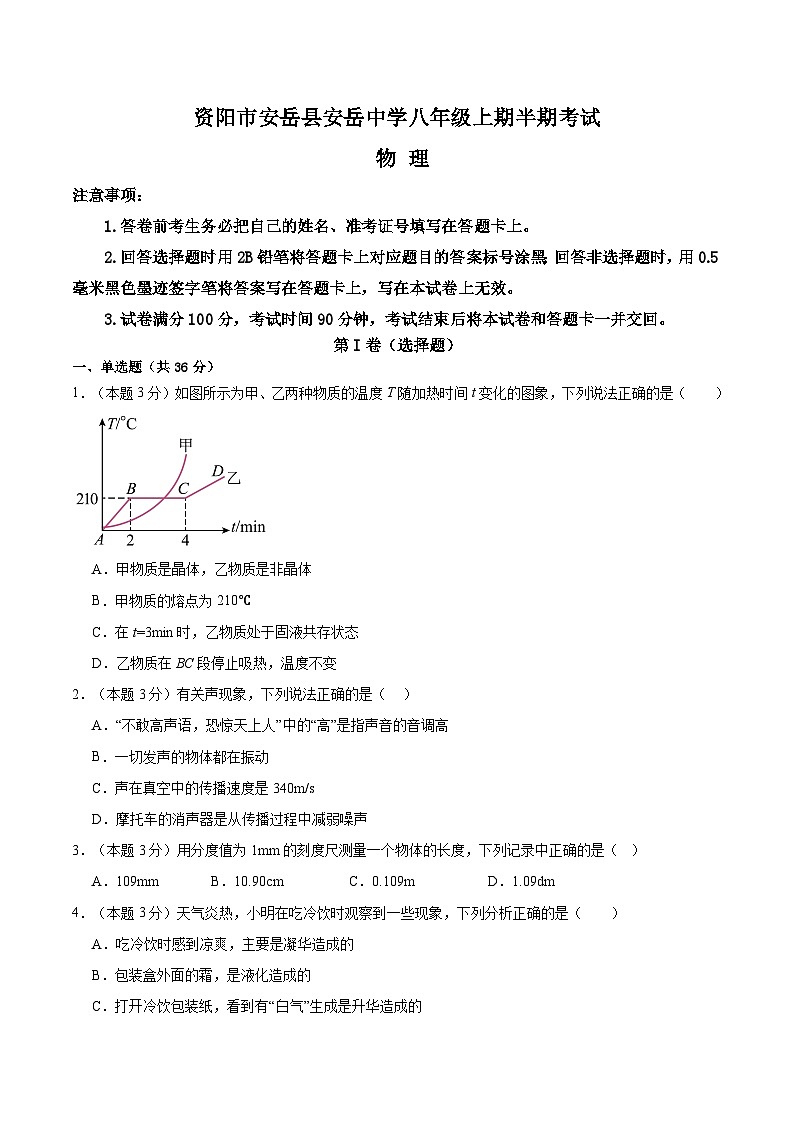四川省资阳市安岳县四川省安岳中学2024-2025学年八年级上学期11月期中物理试题第1页
