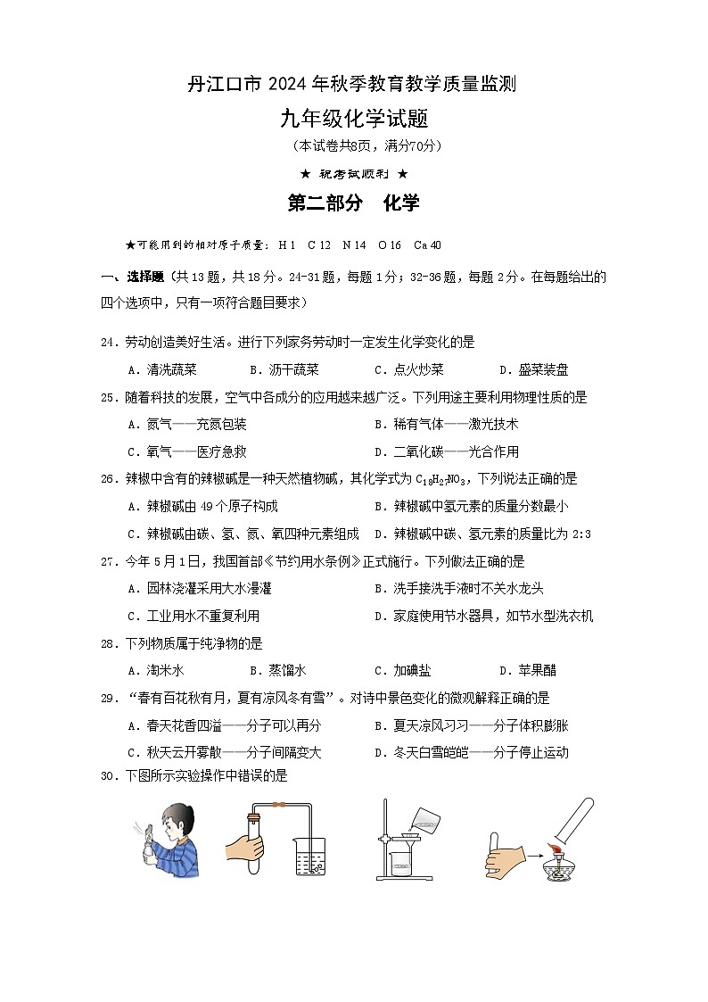 2024年秋季期中九年级化学试题第1页