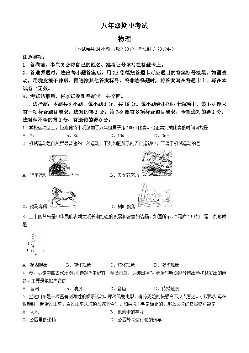 辽宁省盘锦市大洼区2024-2025学年八年级上学期期中考试物理试卷(无答案)第1页