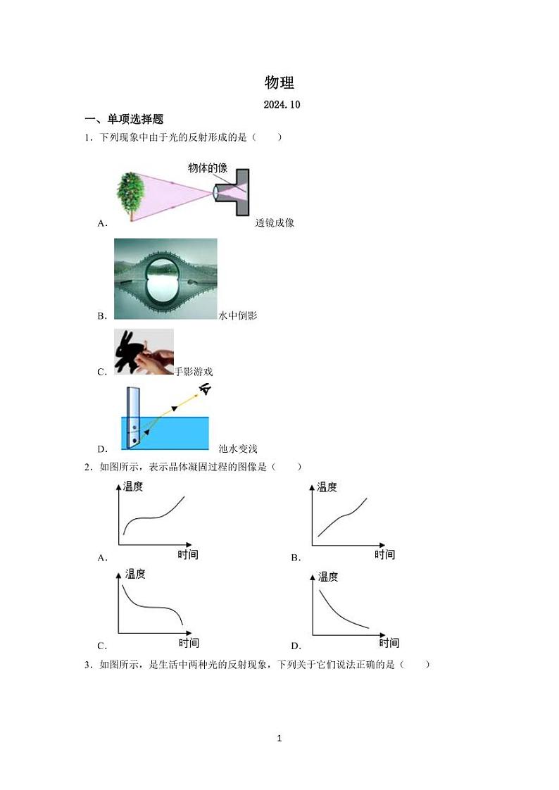 北京市丰台区外国语学校2024-2025学年八年级上学期期中考试物理试题第1页