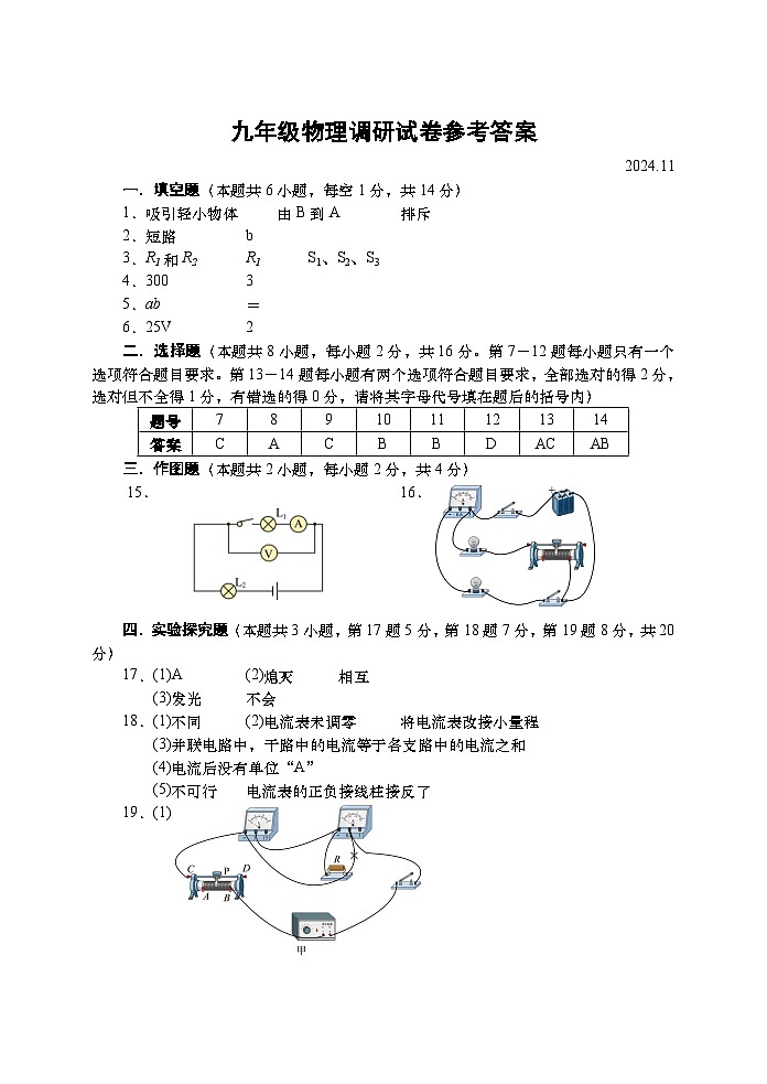 九年级物理试卷参考答案第1页