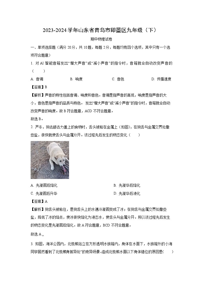 2023-2024学年山东省青岛市即墨区九年级下学期期中物理试卷（解析版）第1页
