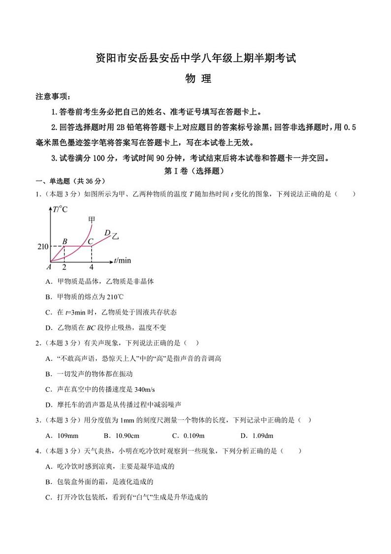 2024～2025学年四川省资阳市安岳县四川省安岳中学八年级(上)期中物理试卷(含答案)第1页