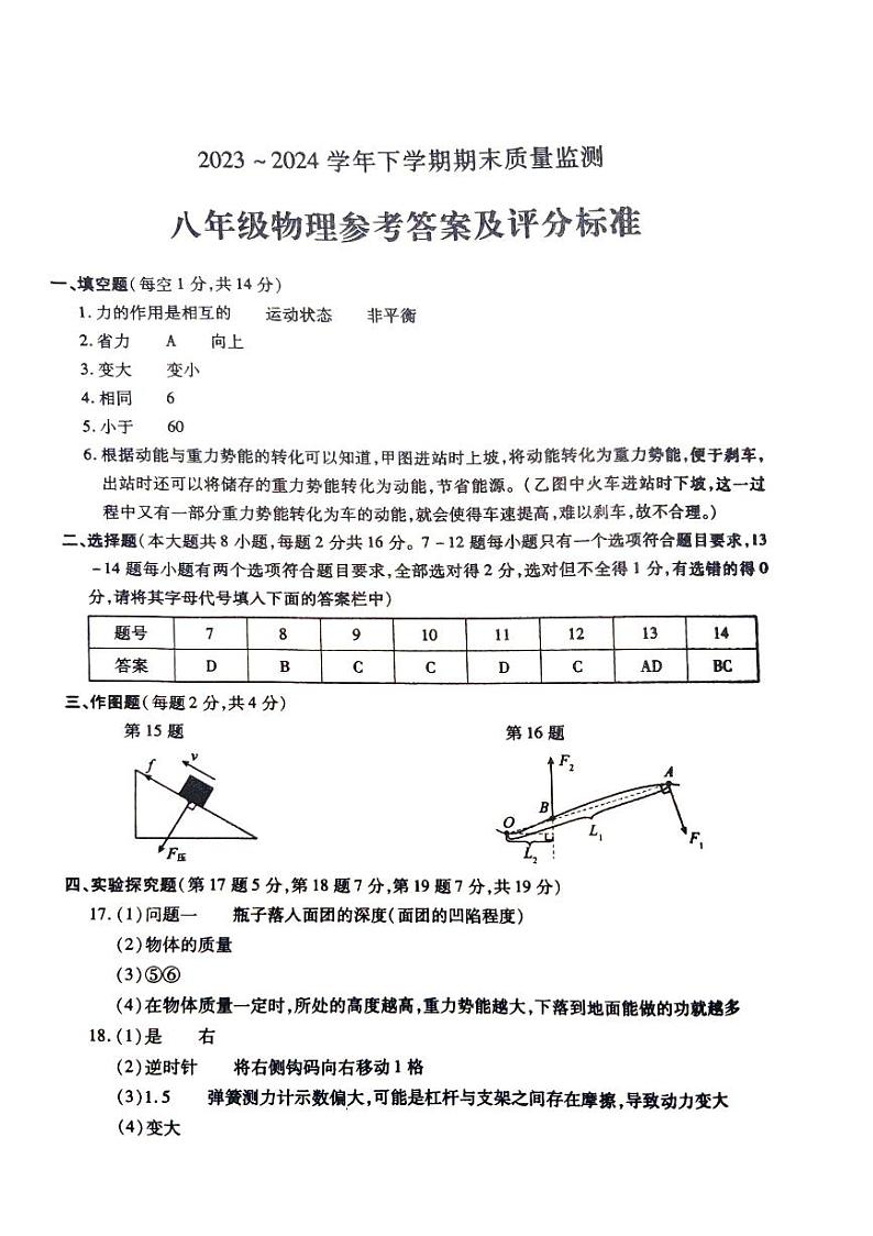 河南省漯河市舞阳县2023-2024学年八年级下学期期末物理试卷01