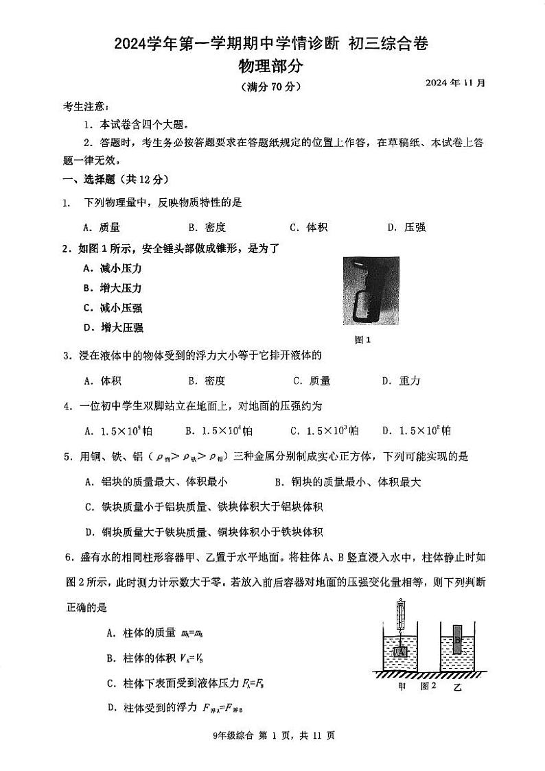 上海市浦东新区罗星中学2024-2025学年九年级上学期期中考试物理试卷第1页