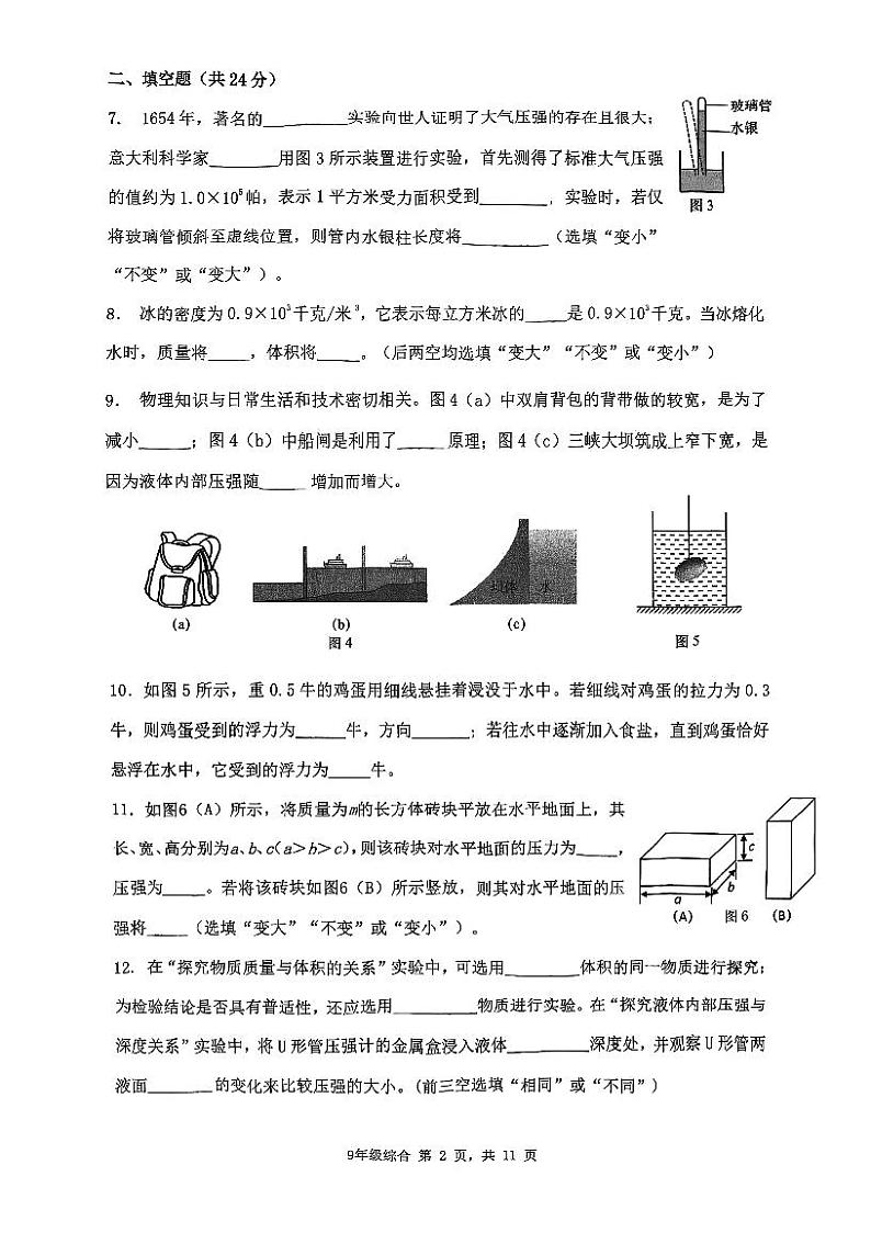 上海市浦东新区罗星中学2024-2025学年九年级上学期期中考试物理试卷第2页