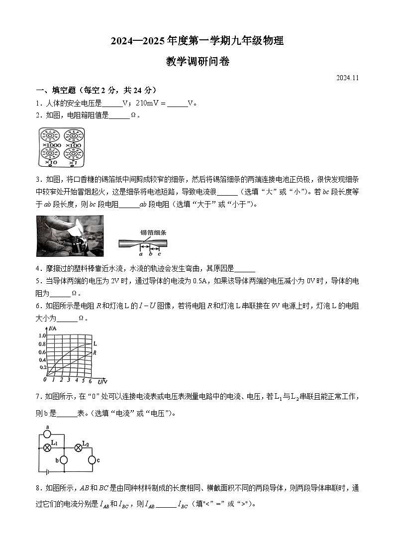 安徽省合肥市育英中学2024-2025学年上学期九年级11月教学调研物理试卷第1页