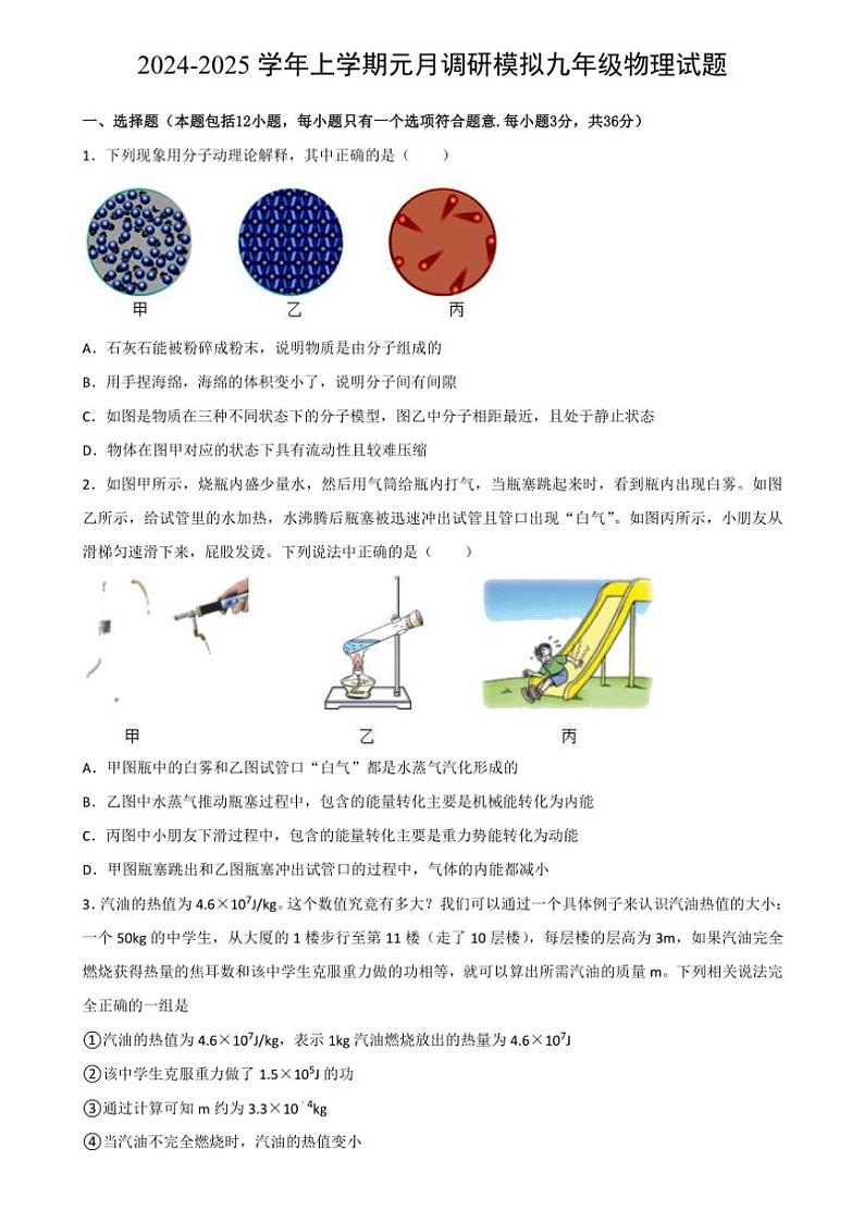 2024～2025学年湖北省武汉市九年级(上)元月调研模拟物理试卷(含答案)第1页
