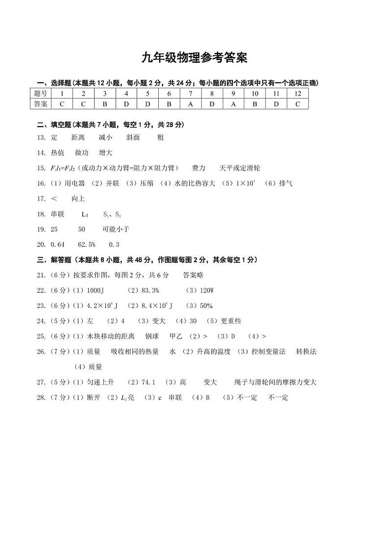 江苏省扬州市仪征市2024-2025学年九年级上学期11月期中物理试题答案（物理）第1页