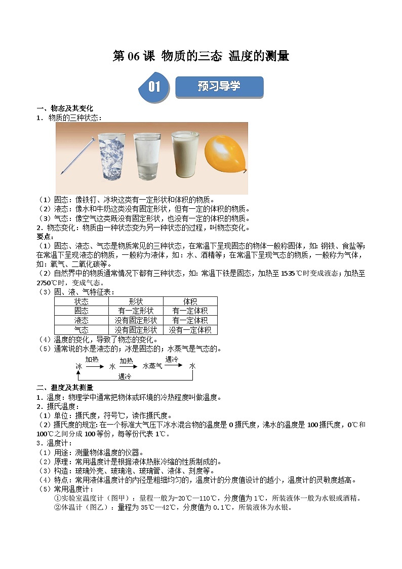 苏科版八年级物理上册同步学与练第06课物质的三态温度的测量(原卷版+解析)第1页