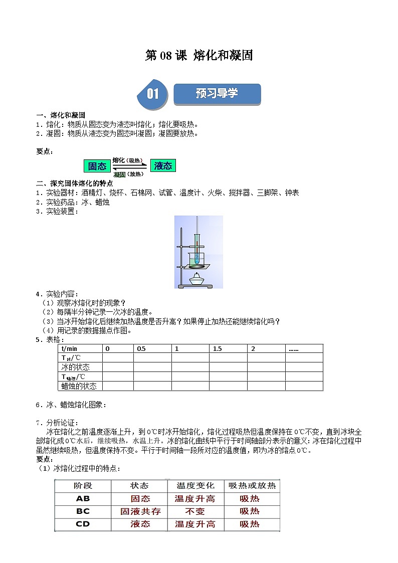 苏科版八年级物理上册同步学与练第08课熔化和凝固(原卷版+解析)第1页