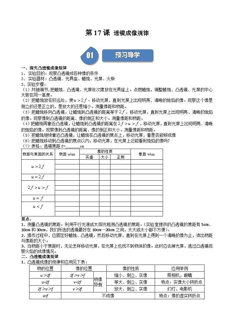 苏科版八年级物理上册同步学与练第17课透镜成像规律(原卷版+解析)第1页