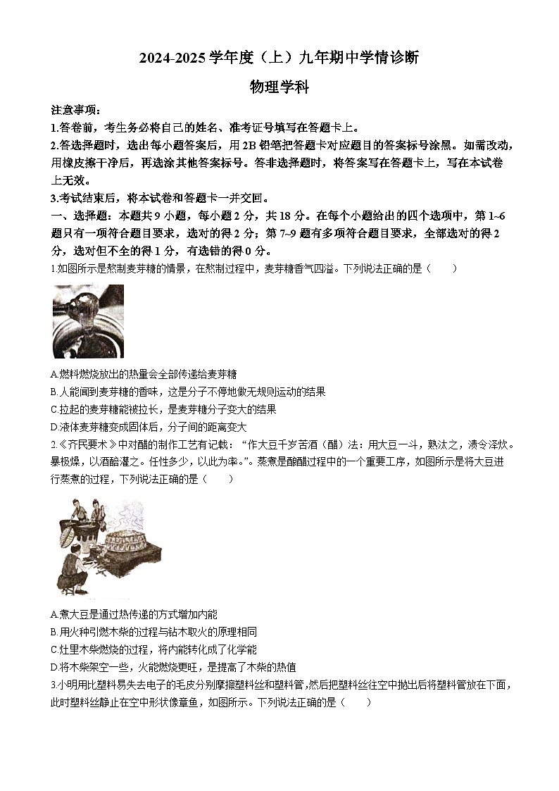 辽宁省沈阳市大东区2024-2025学年九年级上学期期中学情诊断物理学科试卷第1页