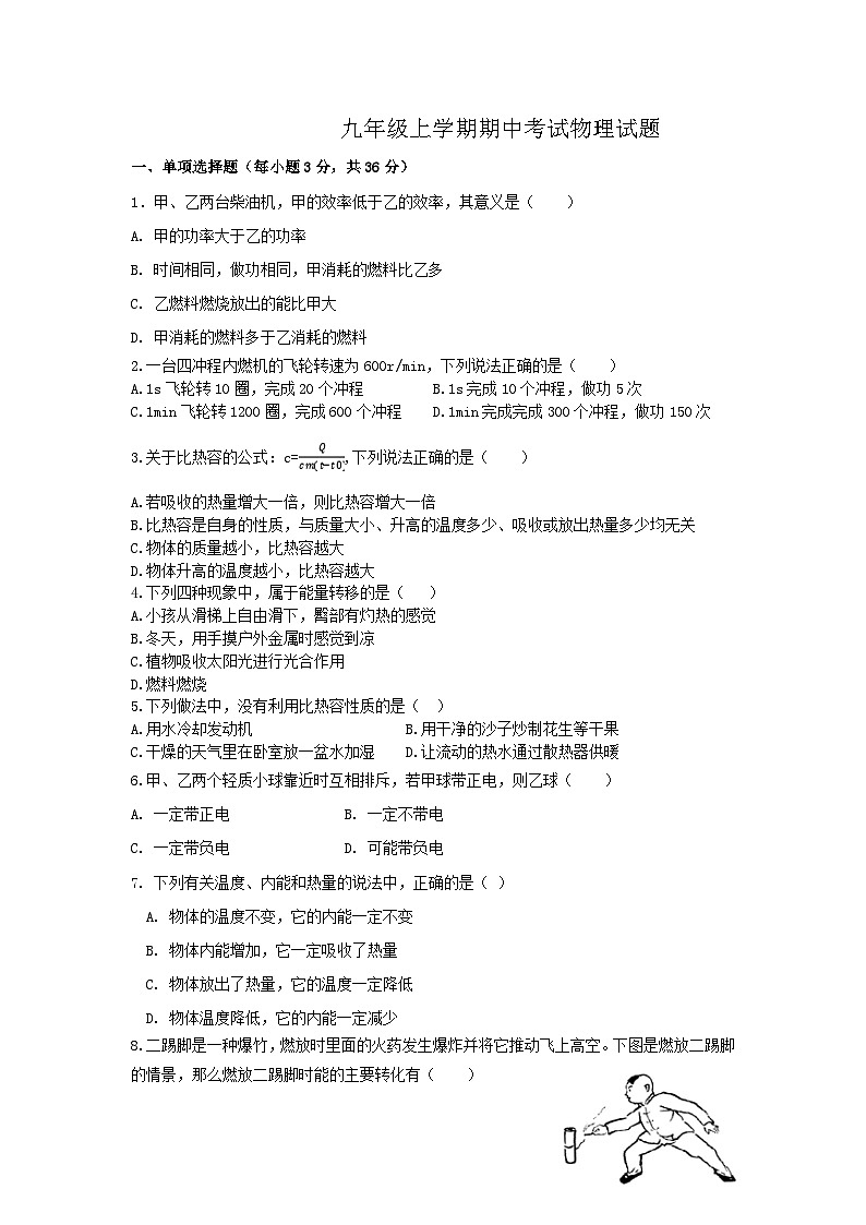 山东省德州市齐河县安头乡中学2024-2025学年九年级上学期期中物理测试题第1页
