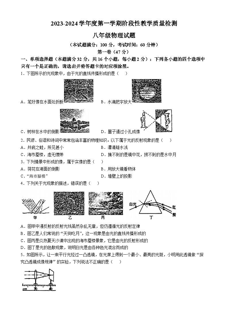 山东省青岛市胶州市李哥庄中学2023-2024学年八年级上学期第二次月考物理试题(无答案)第1页