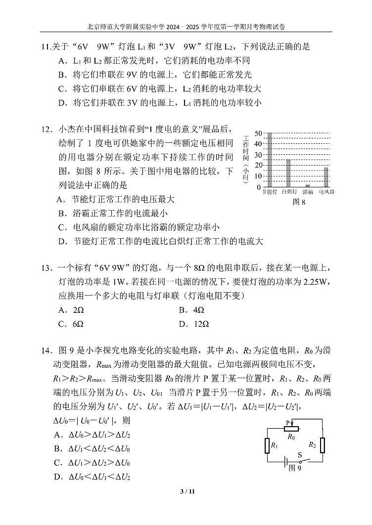 2024北京北师大实验中学初三(上)11月月考物理试卷第3页