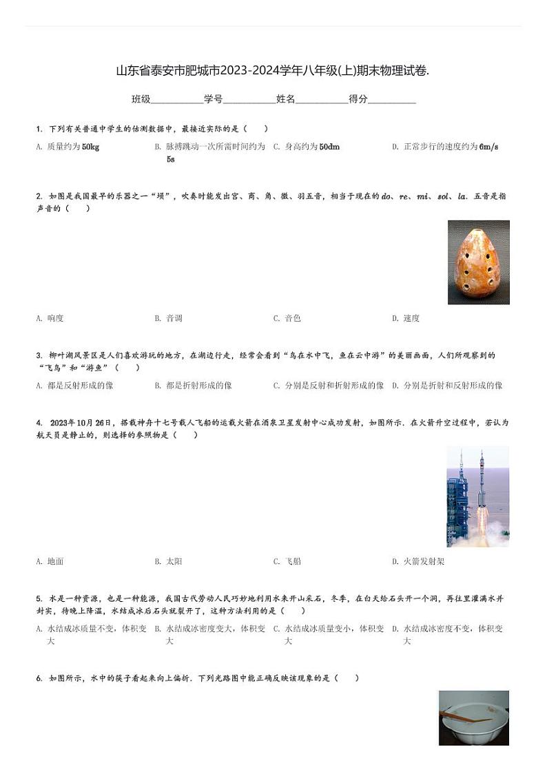 山东省泰安市肥城市2023-2024学年八年级(上)期末物理试卷.(含解析)第1页