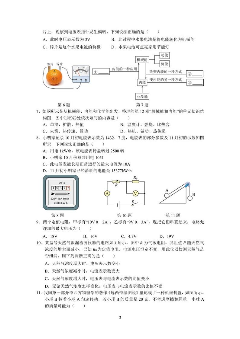 江苏省苏州市2024～2025学年初三(上)物理12月考模拟卷(2)(含答案)第2页