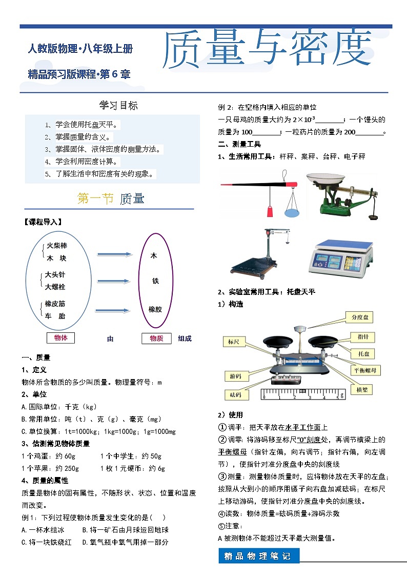 人教版八年级物理上册 第6章质量与密度第1页