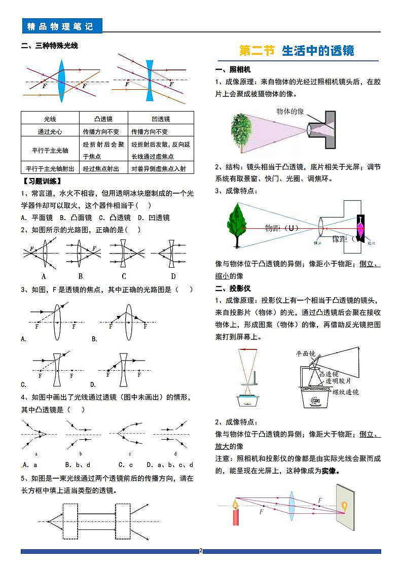 人教版八年级物理上册 第5章透镜及应用(每节精讲单元练习答案)第2页