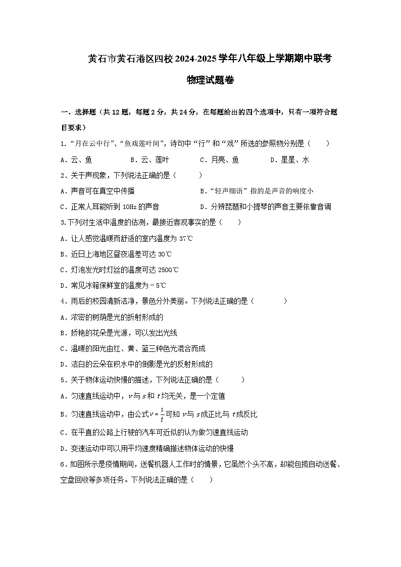 湖北省黄石市黄石港区四校联考2024-2025学年八年级上学期期中物理试题卷第1页