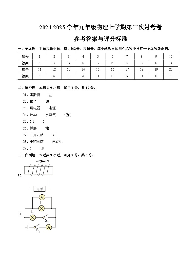 九年级物理上学期第三次月考卷（参考答案）（沪科版）第1页
