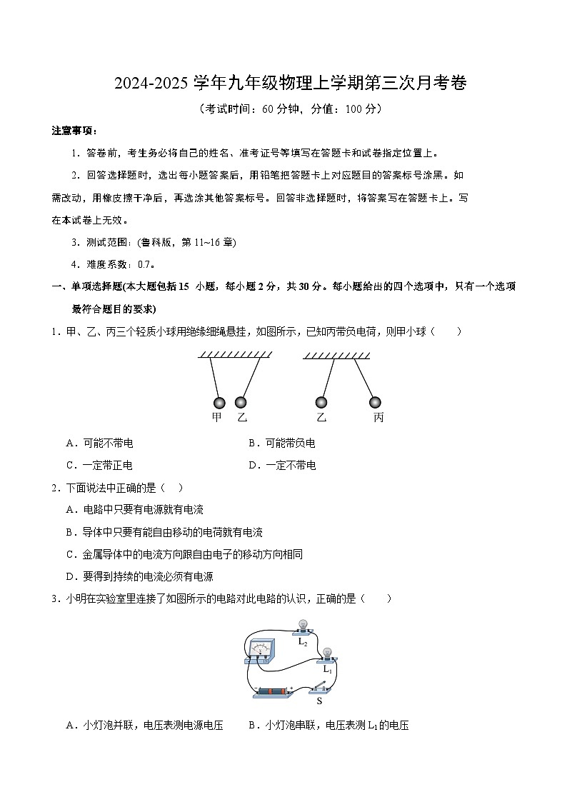 九年级物理第三次月考卷（考试版）（鲁科版，第11~16章） 第1页